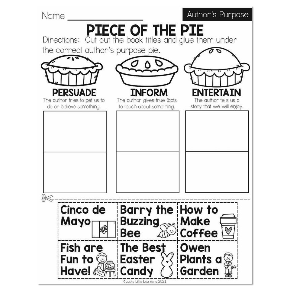 Spring Early Finishers 1st Grade ELA Author s Purpose Piece Of The Pie Lucky Little Learners