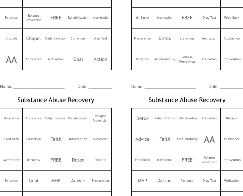 Substance Abuse Recovery Bingo Cards WordMint