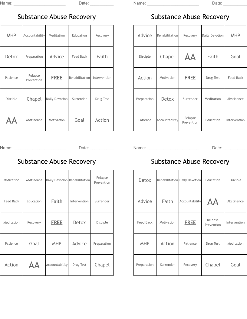 Substance Abuse Recovery Bingo Cards WordMint