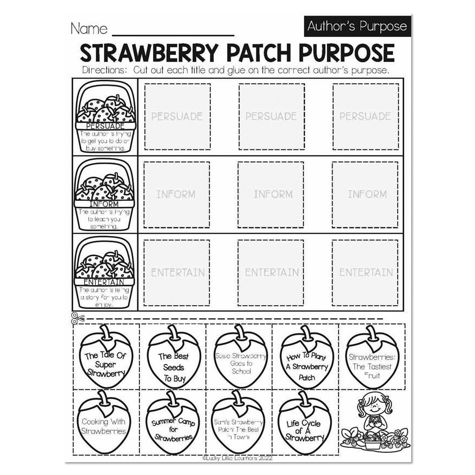 Summer Early Finishers 1st Grade ELA Author s Purpose Strawberry Patch Purpose Lucky Little Learners
