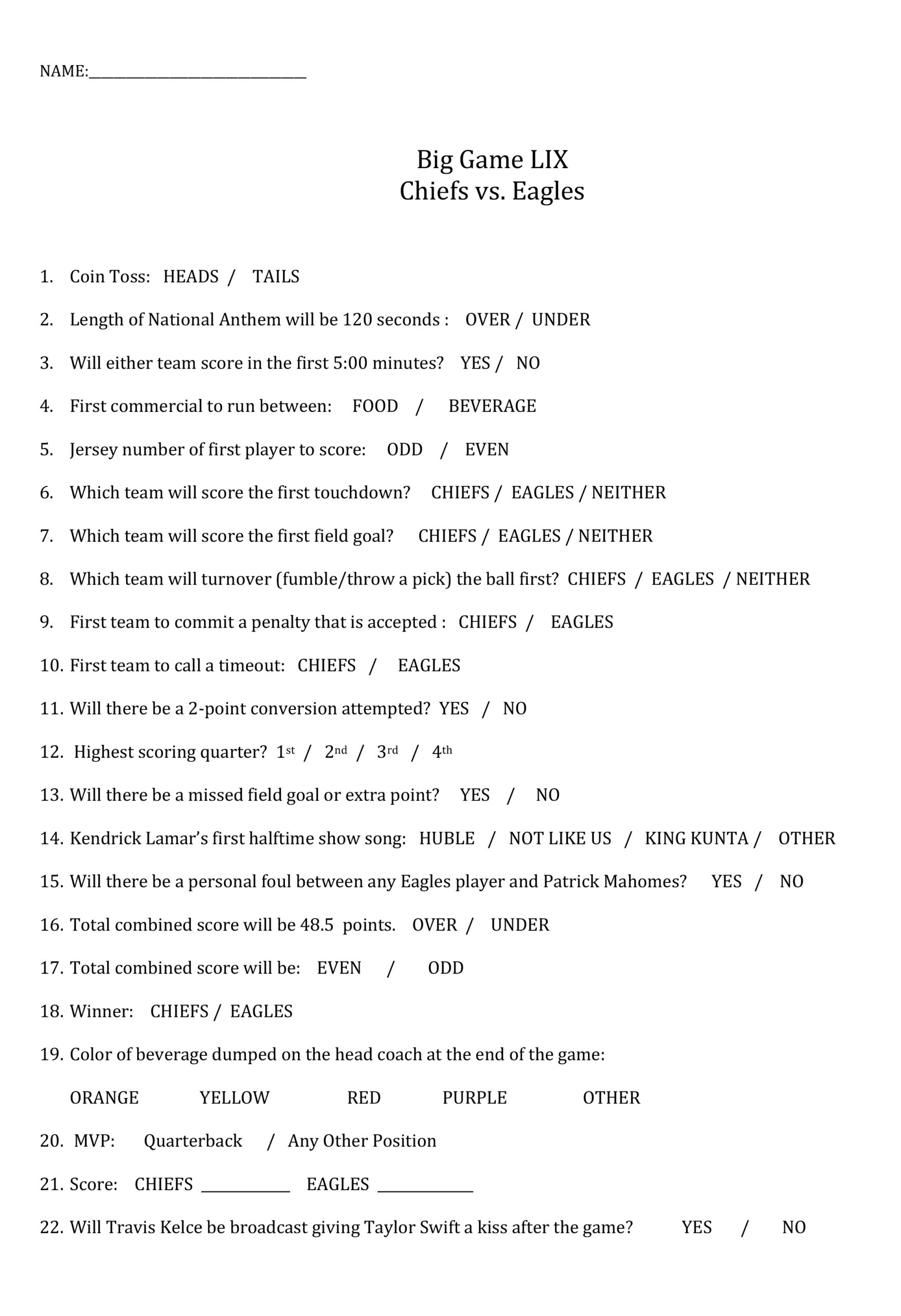 Printable Super Bowl Props 2025