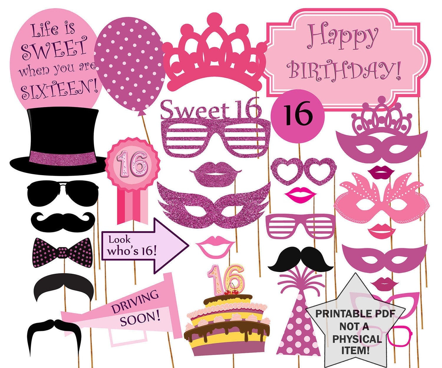 Sweet 16 Photo Booth Props sweet 16 Photobooth Sweet Sixteen Props Printable Sweet 16 Birthday Party Props 16th Birthday Sweet 16 Party Etsy