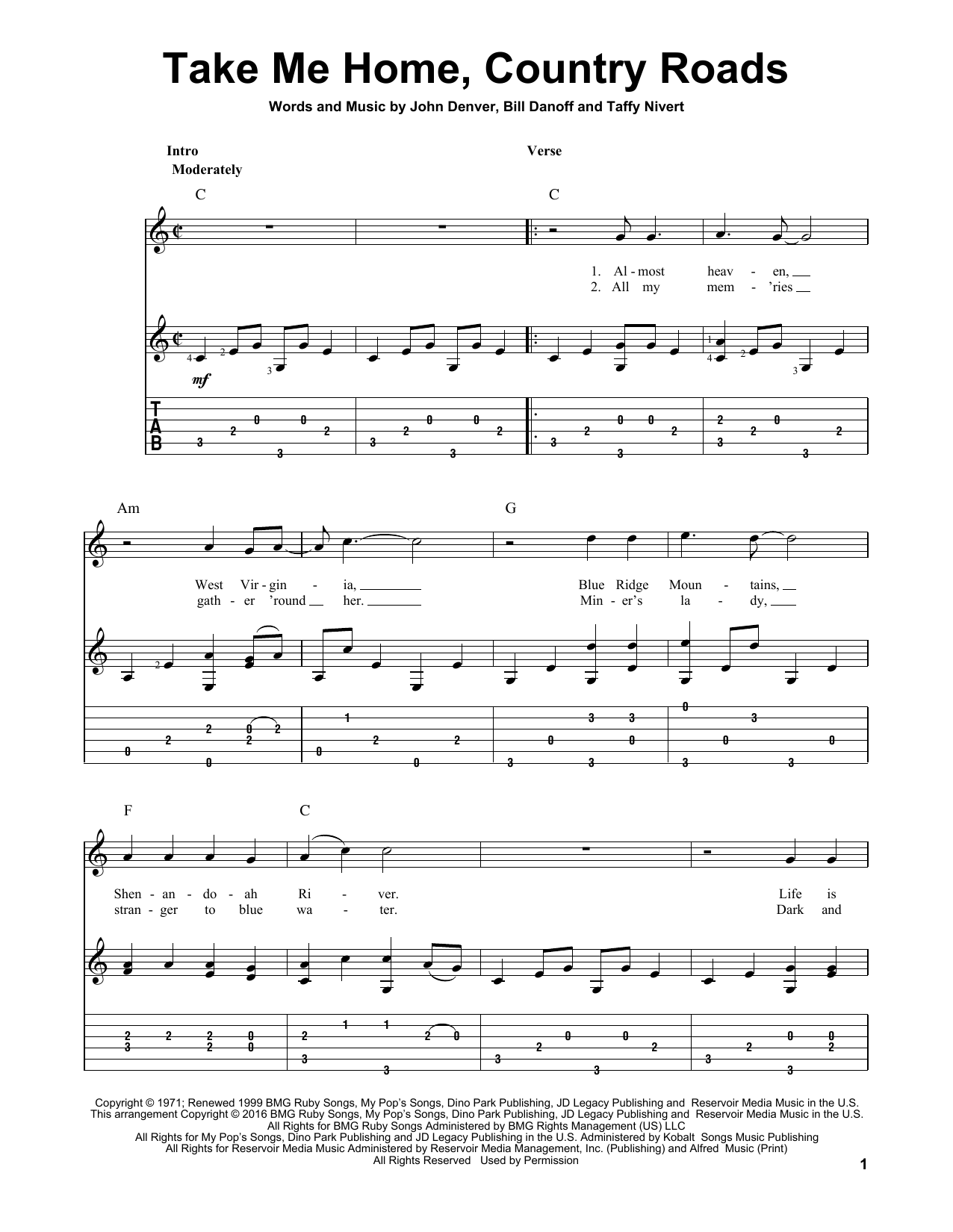 Take Me Home Country Roads By John Denver Sheet Music For Solo Guitar At Sheet Music Direct