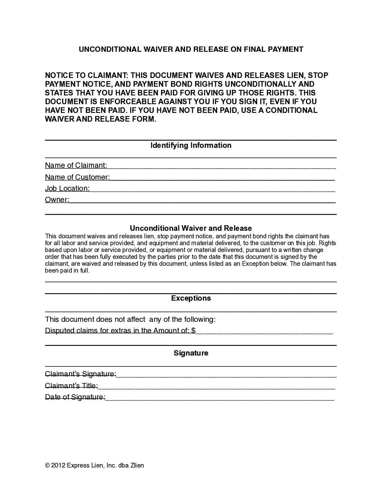 Tennessee Final Unconditional Lien Waiver Form Free
