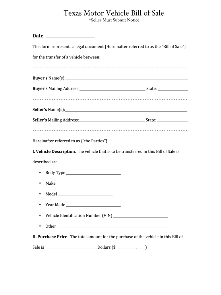 Bill Of Sale Texas Printable