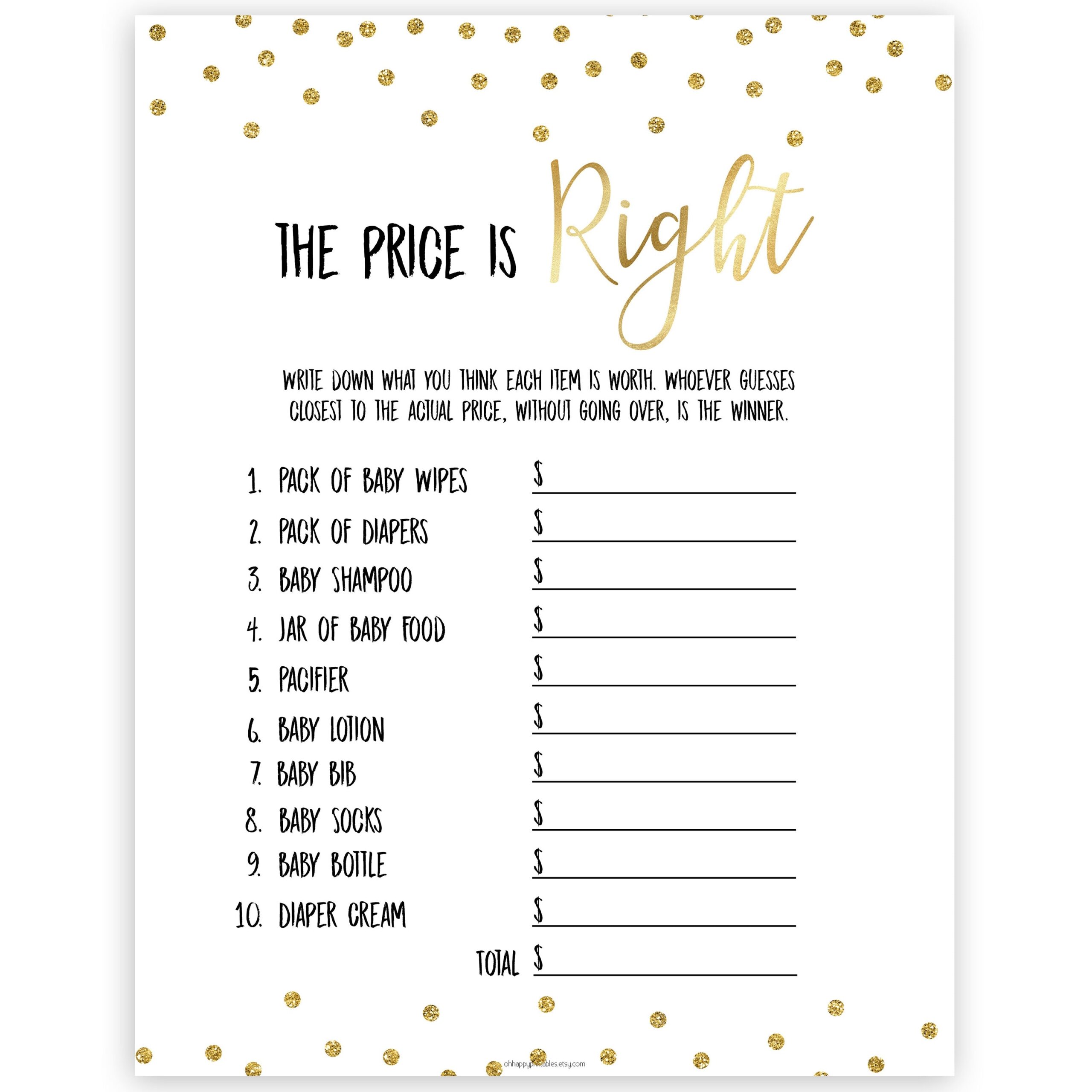 The Price Is Right Baby Shower Printable Top