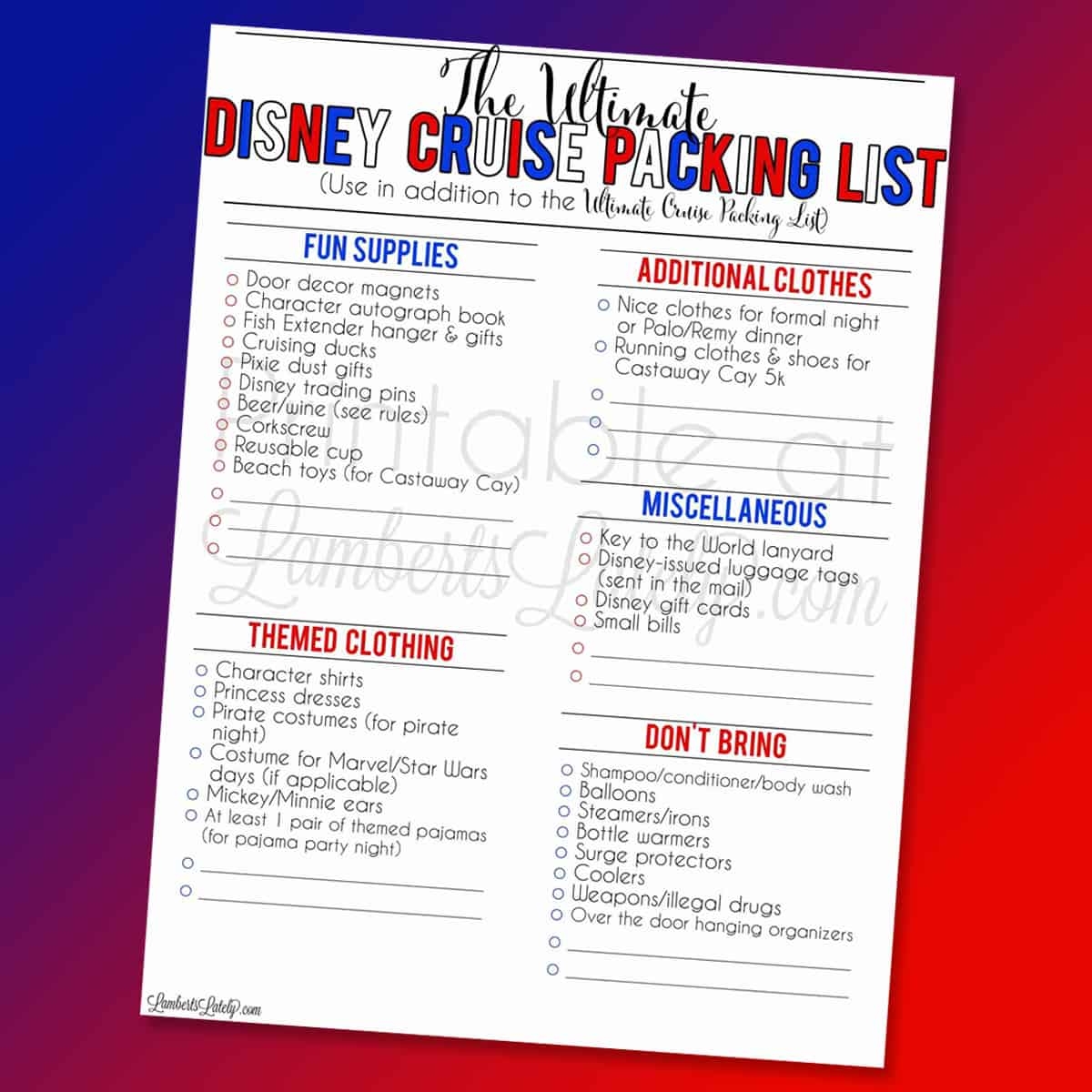 The Ultimate Disney Cruise Packing List Free Printable Lamberts Lately