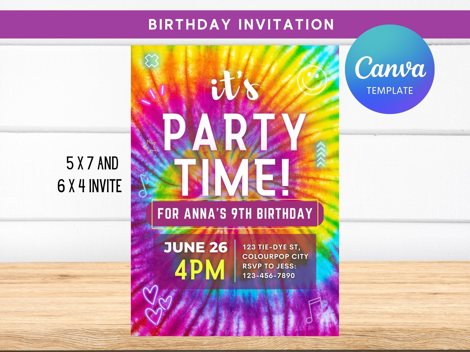 Tie Dye Invitation Tie Dye Birthday Invitation Editable On Canva Instant Download Printable Canva Template Colourful Invite Etsy