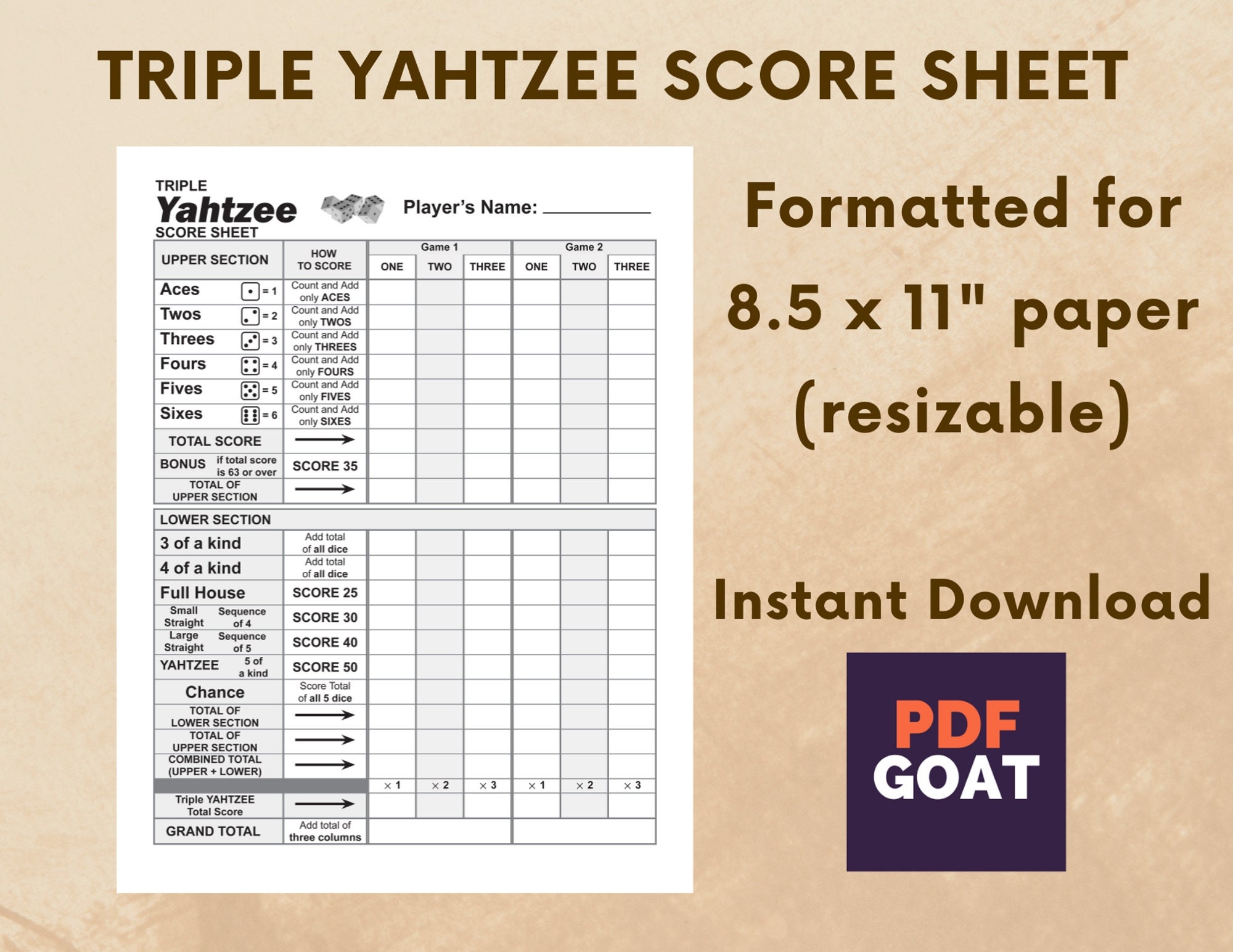 Triple Yahtzee Score Sheet Printable File PDF Download 8 5x11 In Etsy Sweden