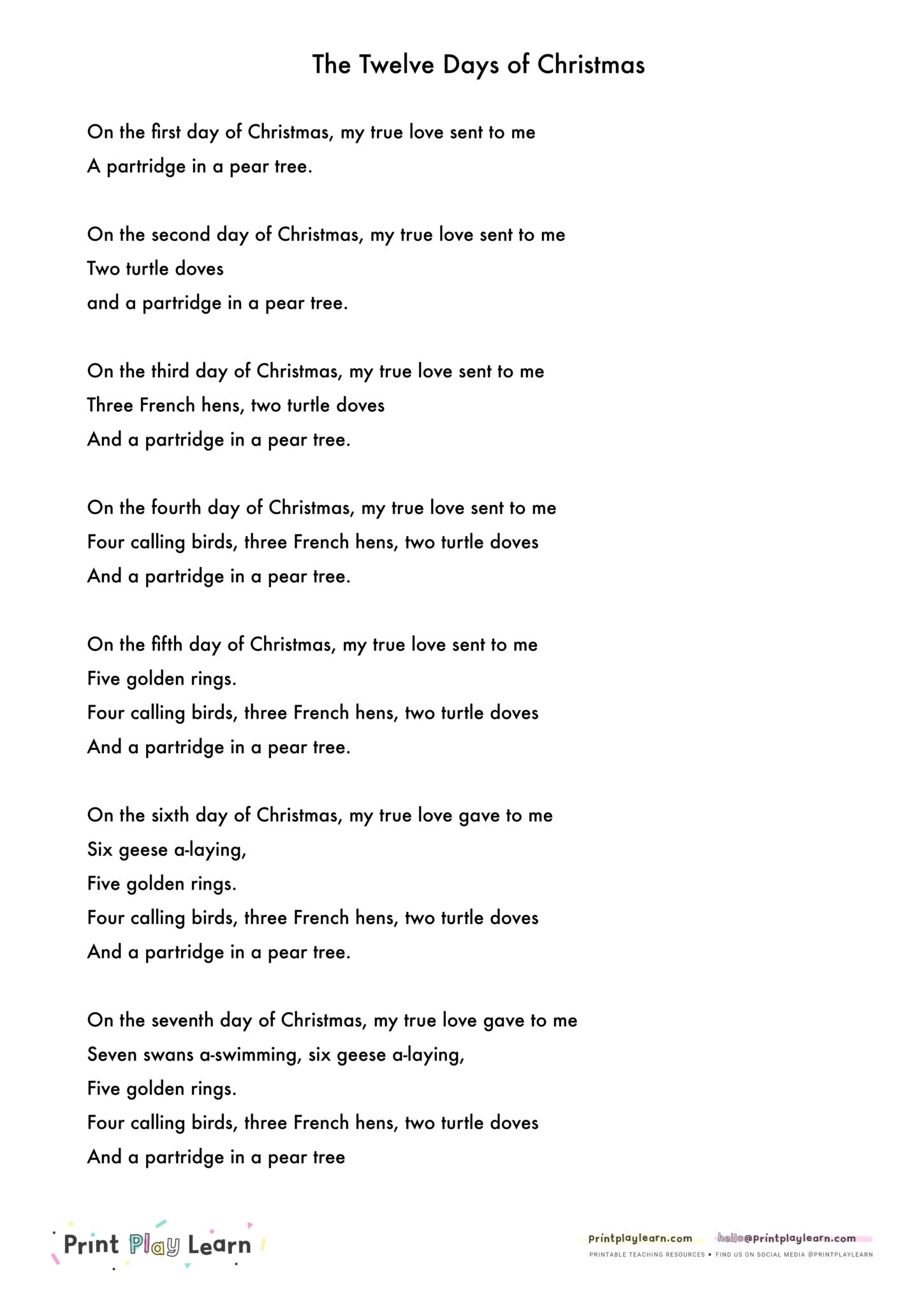 Twelve Days Of Christmas Song Words Printable Teaching Resources Print Play Learn
