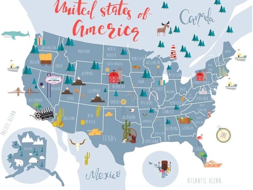 United States Of America Map With State Symbols US Map With Cities In Detail Map Posters For Wall Map Art Wall Decor Country Illustration Tourist Destinations Cool Wall Art Print Poster 36x24