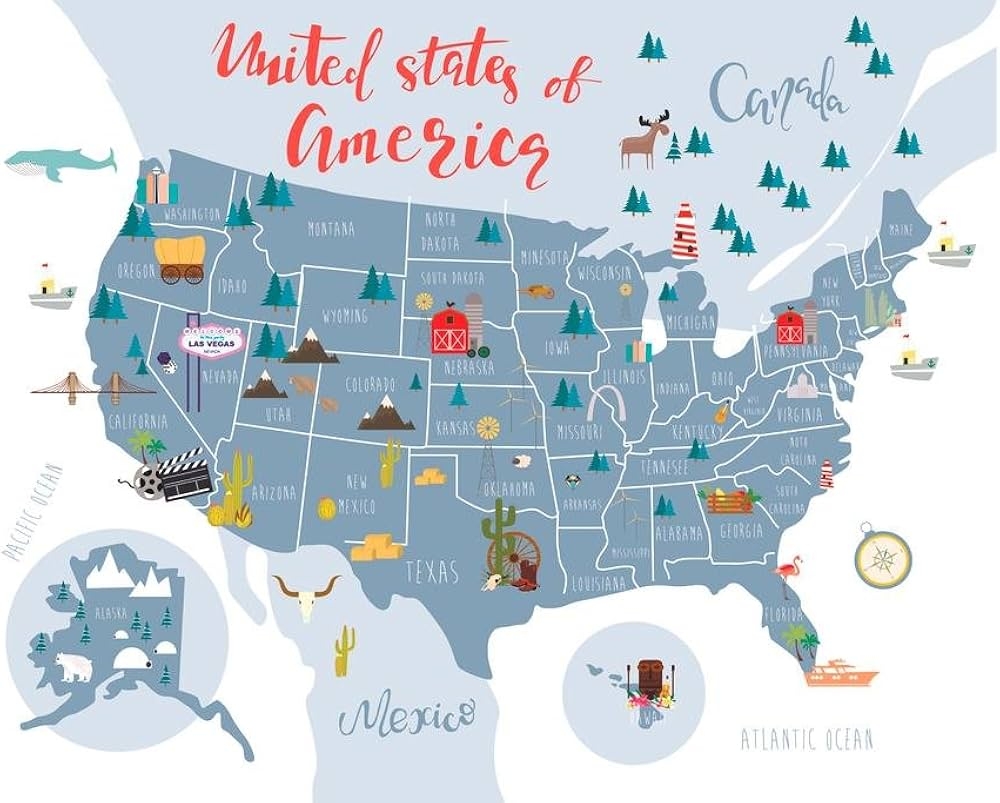 United States Of America Map With State Symbols US Map With Cities In Detail Map Posters For Wall Map Art Wall Decor Country Illustration Tourist Destinations Cool Wall Art Print Poster 36x24 