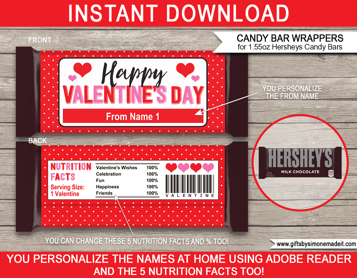 Valentine Hersheys Candy Bar Wrappers Template Personalized Labels