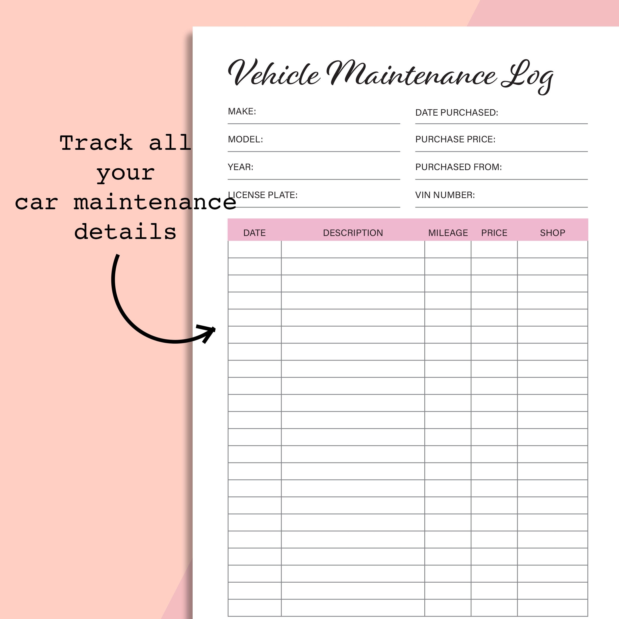 Vehicle Maintenance Log Car Maintenance Log Printable Auto Repairs Tracker Auto Maintenance Log Template A5 A4 Letter PDF Download Etsy