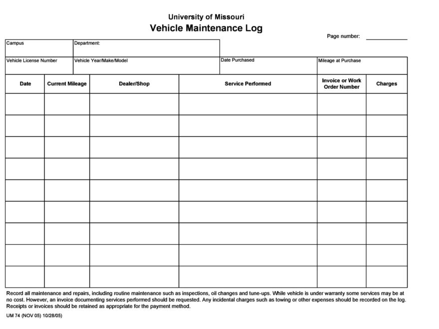 Vehicle Maintenance Log Free Printable Printable Party Favors