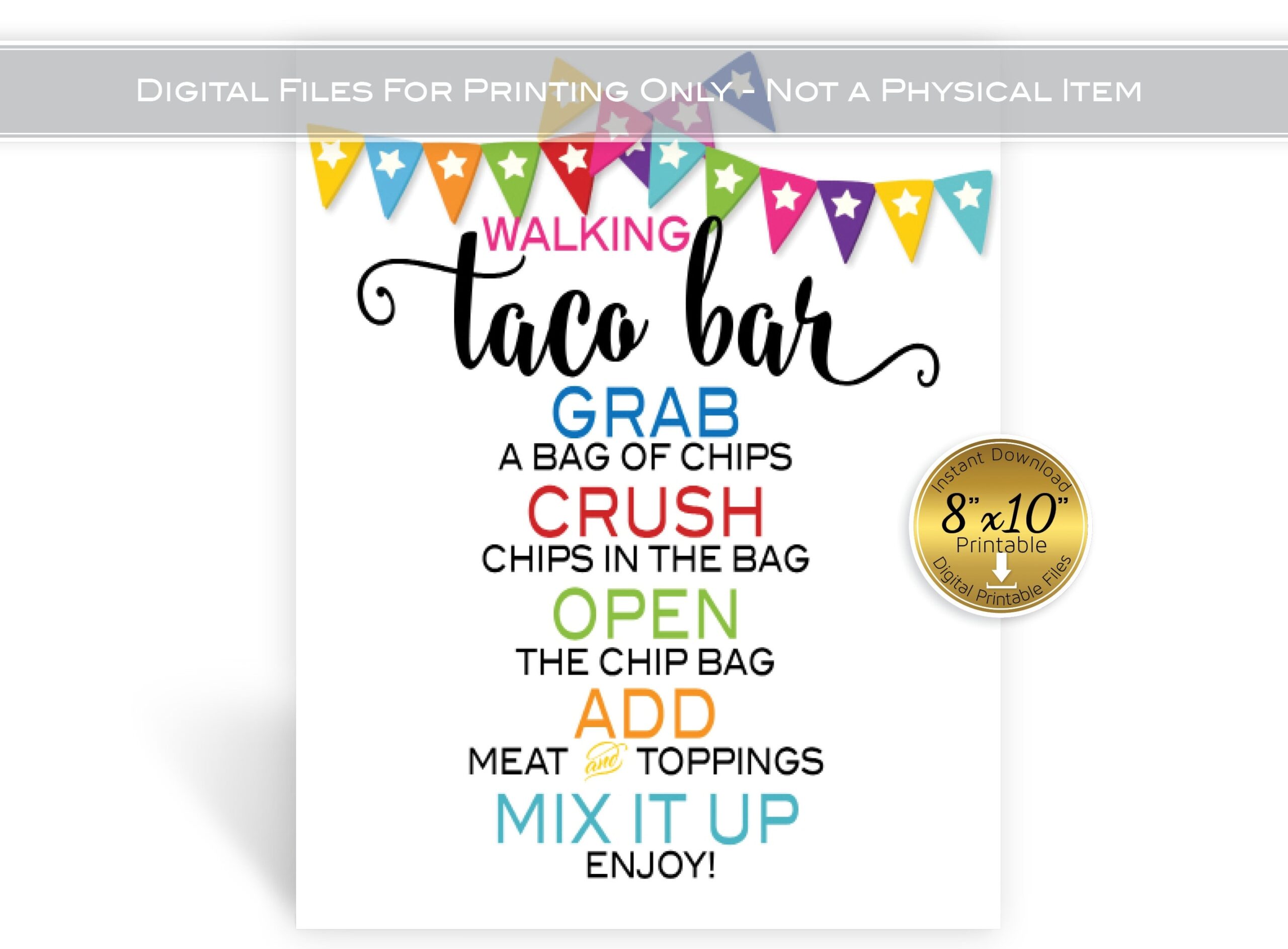 Walking Taco Bar Instructions Table Sign 8x10 Printable Birthday Fiesta Aqua Green Red Orange Blue On White Digital INSTANT DOWNLOAD Etsy