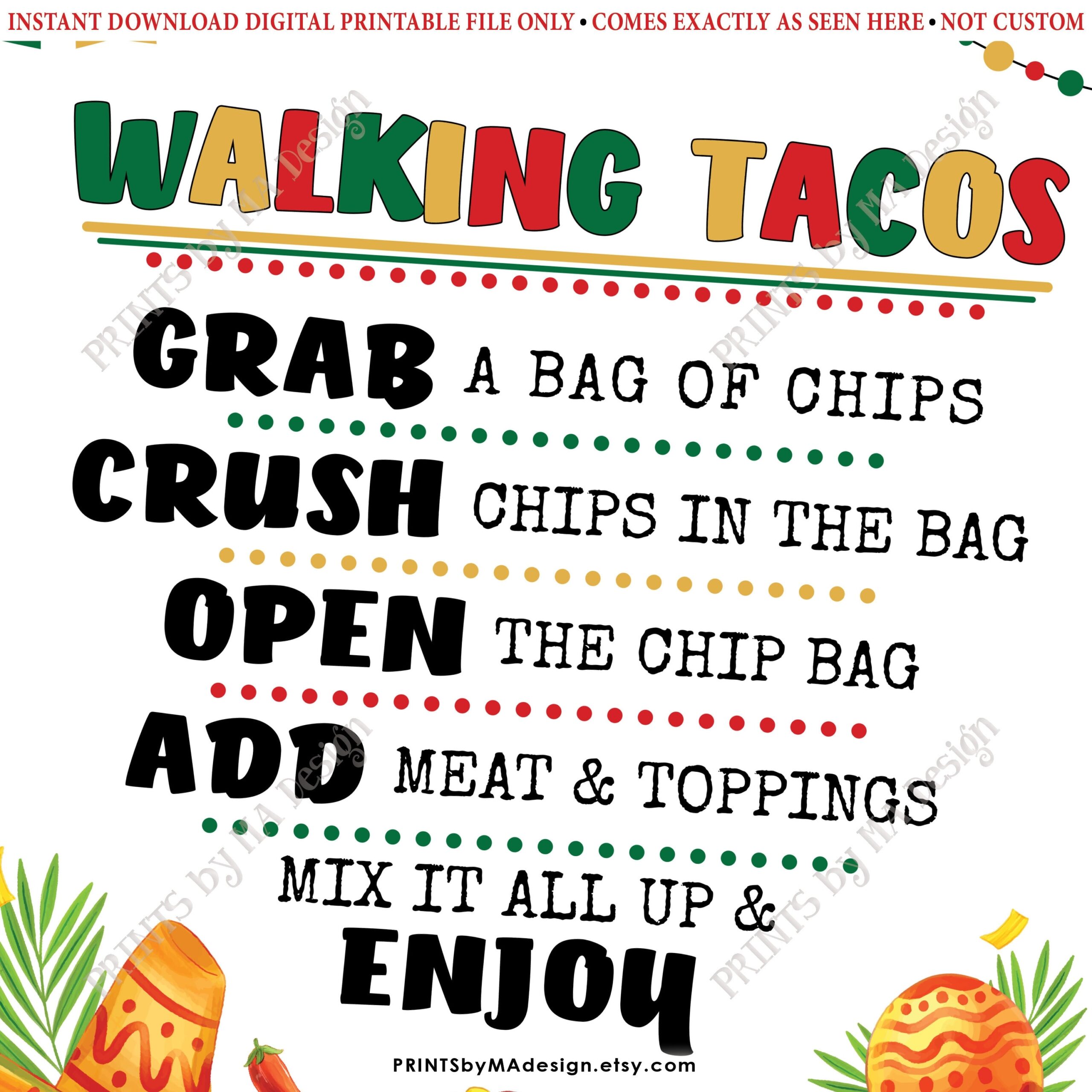 Walking Tacos Sign Taco Bar Display Cinco De Mayo Mexican Fiesta Menu PRINTABLE 8x10 16x20 Fiesta Themed Sign