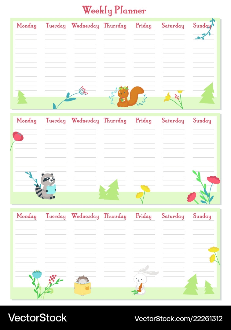 Weekly Planner Template With Cute Animals Vector Image