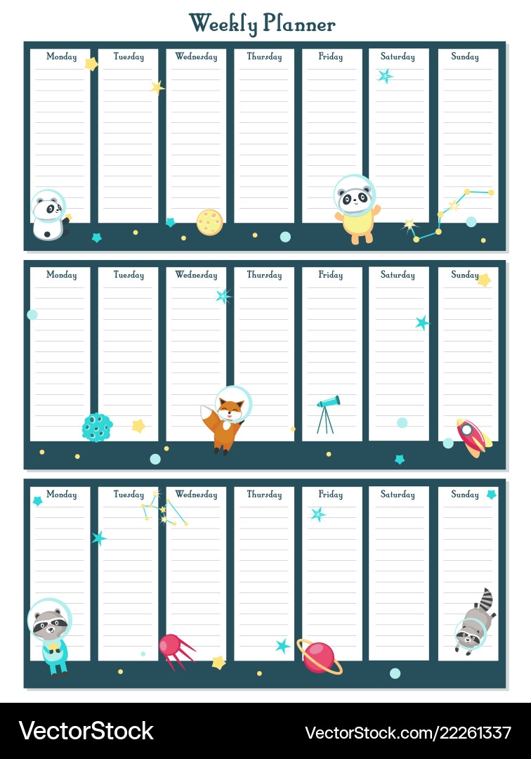 Weekly Planner Template With Space Animals Vector Image