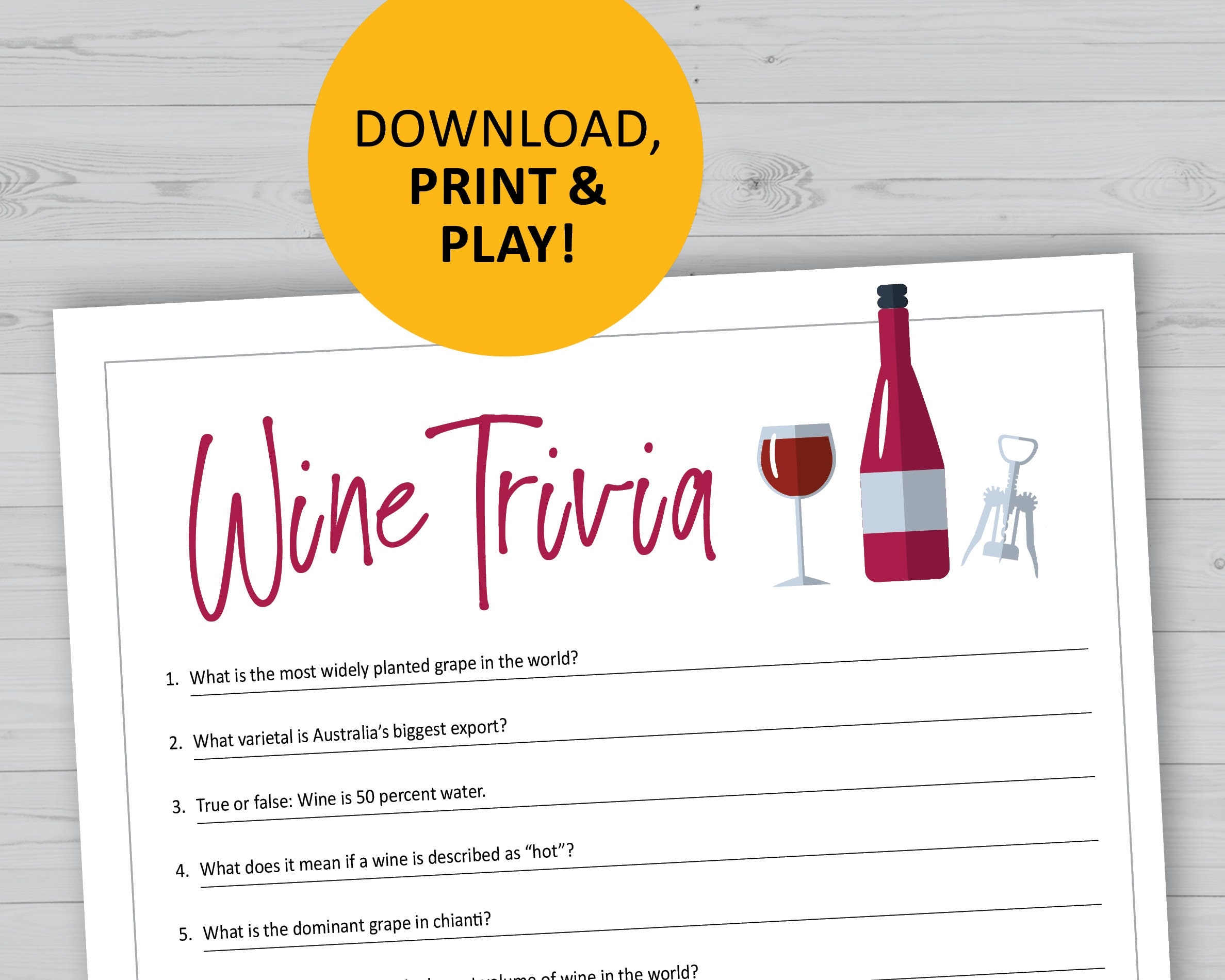 Wine Trivia Game Printable Instant Download Office Party Games Questions Etsy