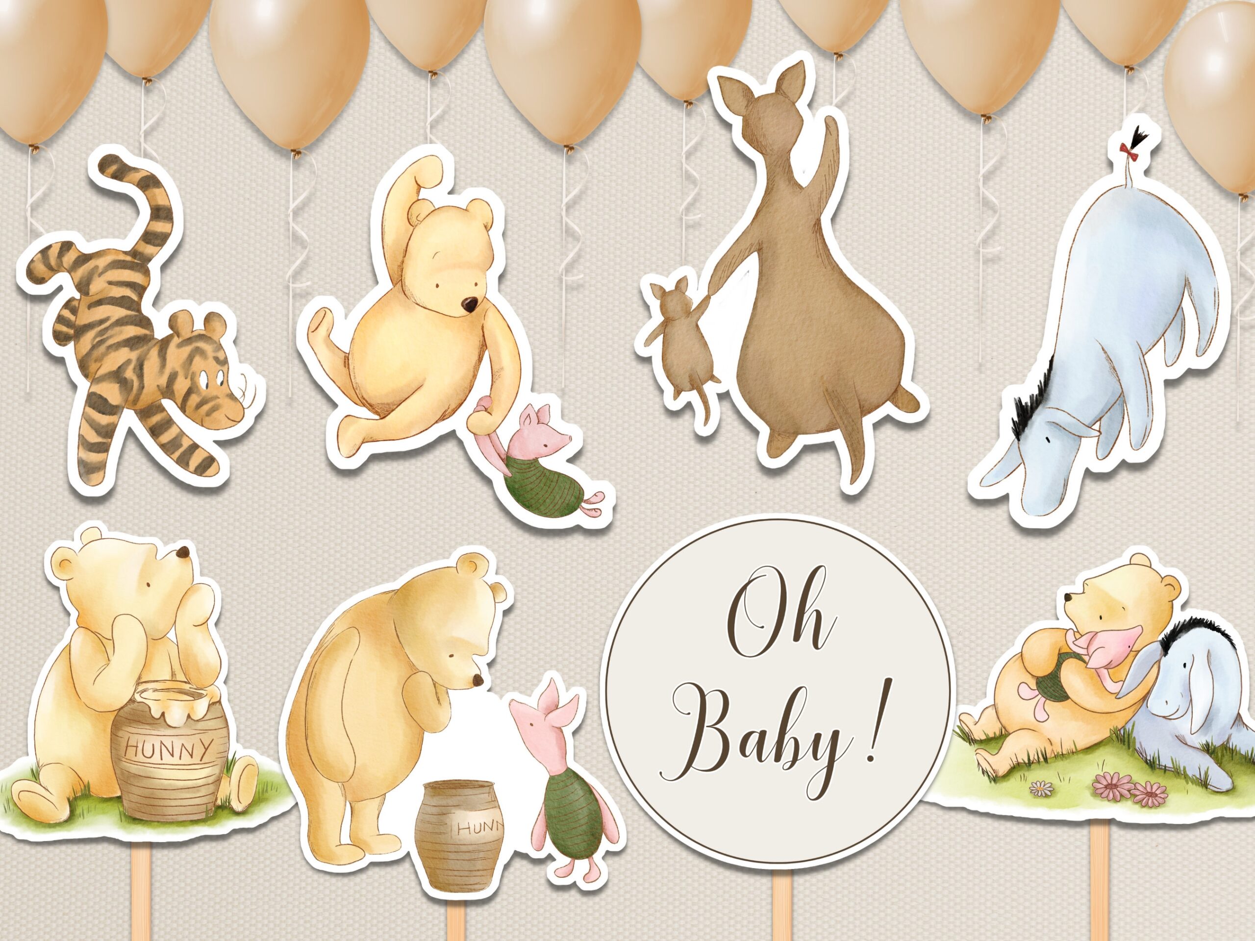 Winnie The Pooh Baby Shower Decorations Editable Gender Neutral Centerpieces Classic Pooh Bear Balloon Cut Out Vintage Pooh Cake Topper N1 Etsy