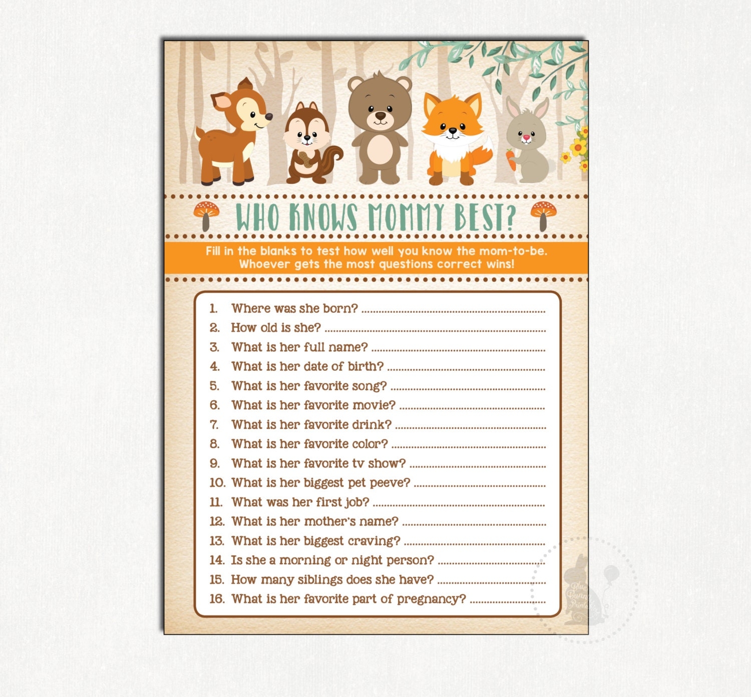Woodland Baby Shower Game Who Knows Mommy Best Rustic Baby Shower Activity Forest Printable Baby Games Fox Animal Baby Game WOOD1 Etsy