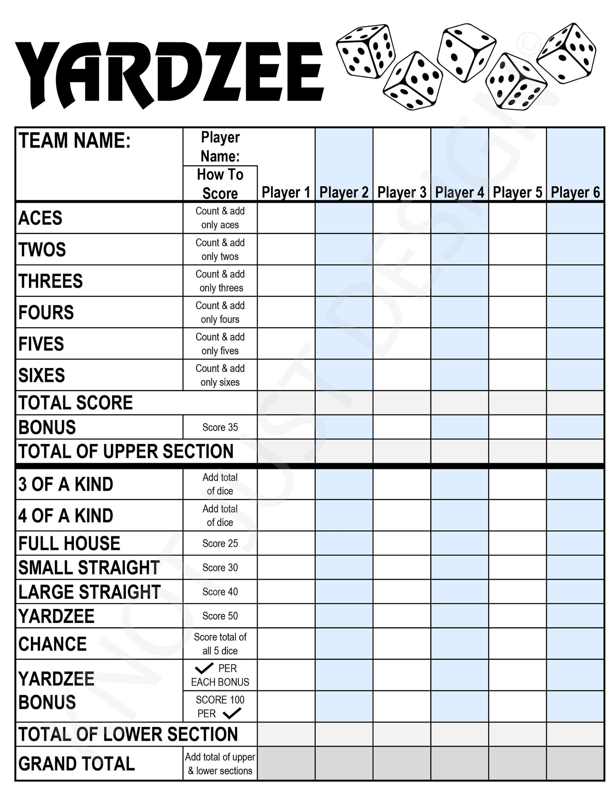 Printable Yardzee Score Sheet Free