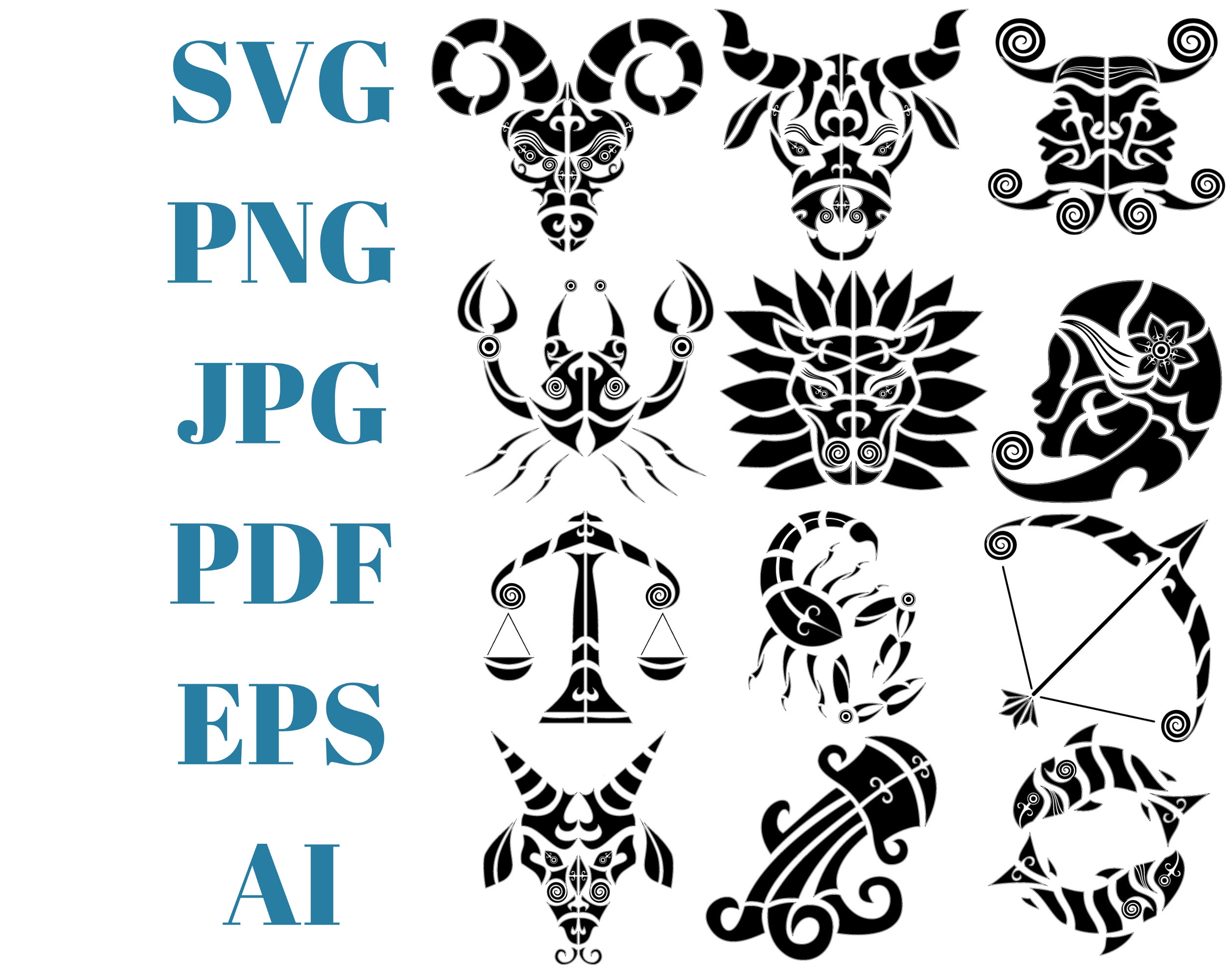 Zodiac Signs SVG Bundle Tribal Astrology PNG Horoscope SVG Zodiac Cut Files Zodiac Bundle Clipart Star Sign Files Zodiac Pack Etsy